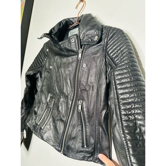 SAMANTHA SIPOS Black Ribbed 100% Leather Biker Cropped Jacket Size Extra Small - Picture 7 of 11